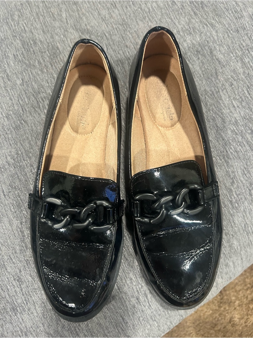 Life Stride Black Patent Loafers with Chain Trim